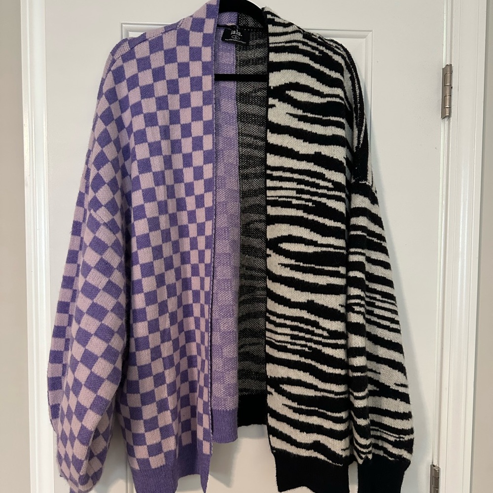 Dressed in LALA Purple Checkered and Zebra Cardigan